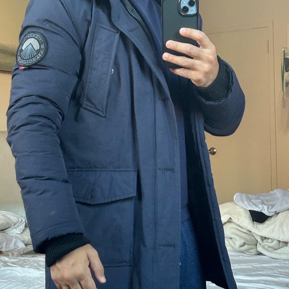 Superdry Men's Dark Blue Puffer Coat with Fur Hood